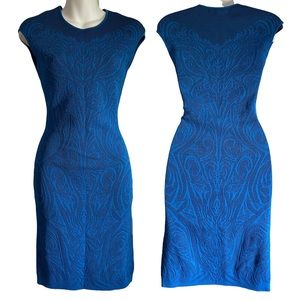 RVN Womens Blue Print Cap Sleeve Bodycon Mini Dress S Small Lace Net Stretch Net